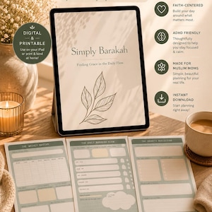May include: A digital faith-centred planner titled Simply Barakah, displayed on a tablet screen and three printed pages. The pages feature sections for weekly rhythm, daily flow, and heart reflection with a leaf illustration and soft green accents.
