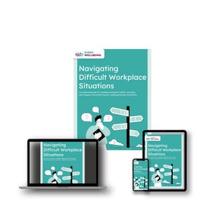 Puede incluir: Una portada de libro turquesa y blanca y dispositivos digitales que muestran el título "Navigating Difficult Workplace Situations". La portada presenta una ilustración de una persona con signos de interrogación y una señal de tráfico. Los dispositivos incluyen una computadora portátil, una tableta y un teléfono inteligente.