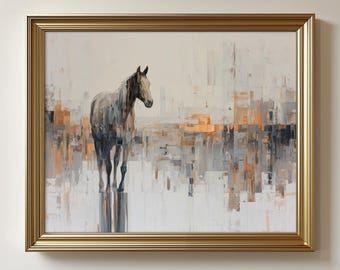 Abstraktes Pferd im Wasser - minimalistische zeitgenössische Wandkunst, abstrakte impressionistische Malerei, neutrale Töne druckbar, digitaler Download 110