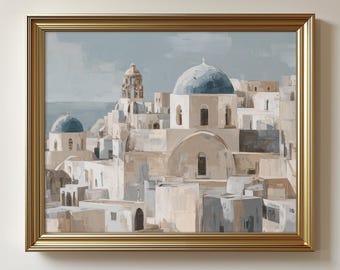 Santorini Skyline Printable Art - Abstract Mediterranean Decor, Blue-domed Churches, Coastal View, Impressionistic Wall Art Download 123