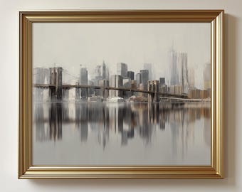 Moody New York City Skyline Print - Abstract Urban Wall Art, Neutral Minimalist Painting, Modern Reflective Landscape, Digital Download 154