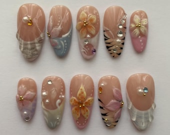 summer 3d flower nails, gift for her, floaral, press on nails, seashell nails