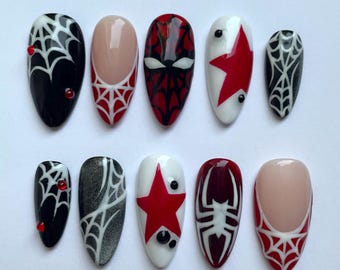 spiderman marvel press on nails, spiderweb spider star cateye nails gift for her
