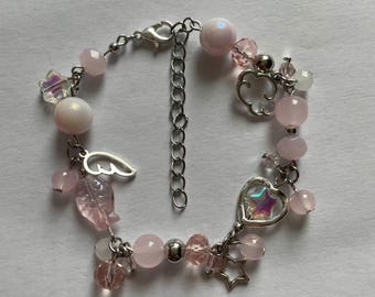 pink charm bracelet, silver bracelet, gift for her, handmade bracelet, chain bracelet, star bracelet