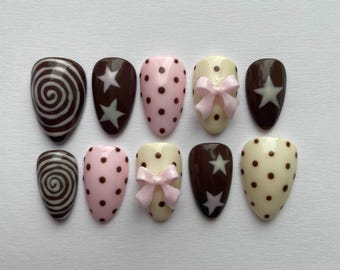 Napoleon nails, pink and brown nails, bow nails, polka dot nails, gift for her, handmade press on nails