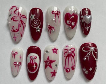 red heart star nails, gift for her, cherry bow pearl accents