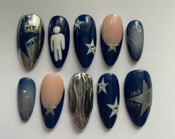 hmhas press on nails, star nails, blue nails, silver chrome, billie eilish nails, gift for her