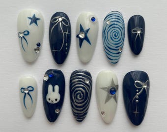 miffy nails, blue and white nails, gift for her, bow nails