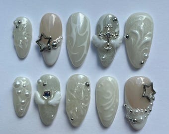 angel wing silver cross nails, star pearls, chrome lace nails, gift for her