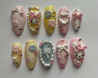 miffy cake decor nails, star nails, bow nails, pastel nails, Reusable Artist Faux Nails, gift for her, handmade
