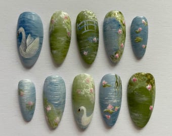 monet nails, handmade nails, swan nails, Reusable Artist Faux Nails, gift for her