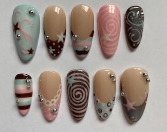 pink, blue and brown whimsy polka dot stripe nails, star, gift for her, spiral almond nail