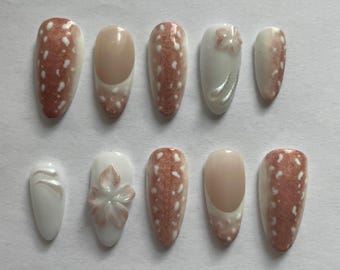 doe nails, brown nails, gift for her, flower nails