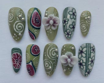 green orchid fruit spiral nails, handmade gift for her