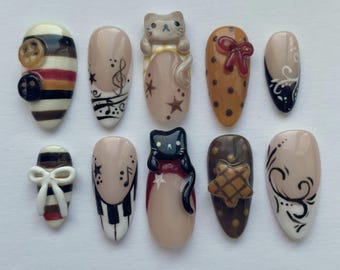 cat hipper musical note nails, bow polka dot handmade gift for her
