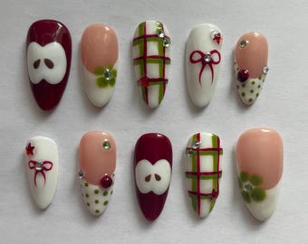 apple plaid nails, star and bow nails, autumn nails, gift for her, red green nails