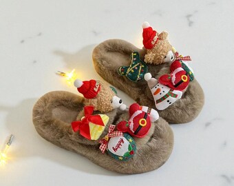 Christmas Bear Plush Slipper – Winter Furry Non-Slip Gift