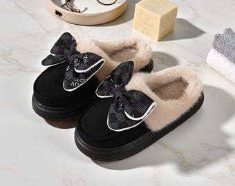 Women’s Velvet Bow Slipper – Closed Toe Plush Indoor Outdoor Comfy slipper