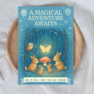 fairy tale baby shower invitation, editable canva template enchanted forest, whimsical invite, Woodland Animals, fantasy baby shower, 5&quot;x7&quot;