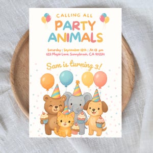 Faire-part pour fêtards, faire-part de fête pour enfants animaux, invitation à tous les fêtards modifiable numériquement, anniversaire de tout âge, coloré