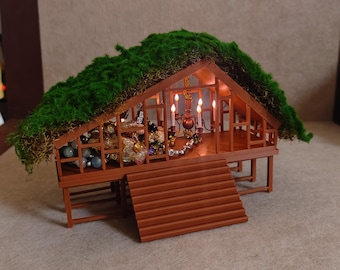 Folklore Cabin Garden Dollhouse Holder, Wood Color, Glowing Lights, Moss Roof, Topper/Charm/Bracelet Storage, Eras Inspired Design