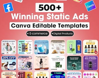 500+ Meta Ad Templates Canva Bundle: Facebook, Instagram, Email (PLR/MRR) Digital Kit