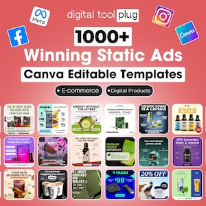 Könnte beinhalten: Werbegrafik mit der Aufschrift "1000+ Winning Static Ads Canva Editable Templates". Das Bild zeigt Social-Media-Symbole und Beispiele für Produktanzeigen, mit den Worten "E-Commerce" und "Digital Products".
