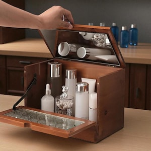 Retro wood makeup storage box with mirror, vintage cosmetic organizer, desktop vanity cabinet holder