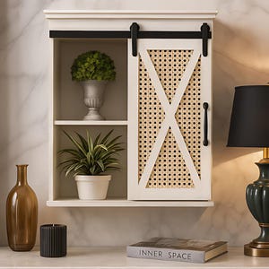 Mensola da parete in legno retrò, mobiletto portaoggetti in rattan vintage, organizer da parete bianco in stile americano per balcone o soggiorno