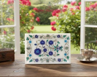 Bandeja con incrustaciones de mármol blanco hecha a mano – Decoración floral de Pietra Dura