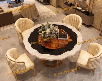 Round Marble Epoxy Resin Dining Table, Black River Stone Top, Modern Luxury Furniture