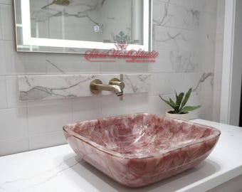 Ręcznie robiona umywalka nablatowa z kwarcu różowego | Luksusowa umywalka łazienkowa z kamieni szlachetnych