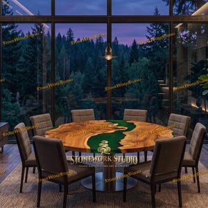 Round Green Epoxy River Dining Table, 48” Walnut Live Edge Table, Handmade Resin Dining Table with Metal Base, Custom Size Furniture