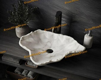 Handmade White Marble Organic Vessel Sink, Natural Stone Bathroom Basin