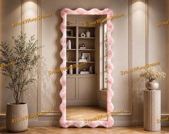 Rose Quartz Wavy Mirror – Luxury Stone Wall Decor, Handmade Statement Accent