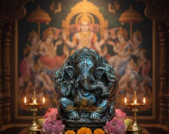 Hand-Carved Labradorite Ganesha Statue – Blue Flash Hindu God Idol