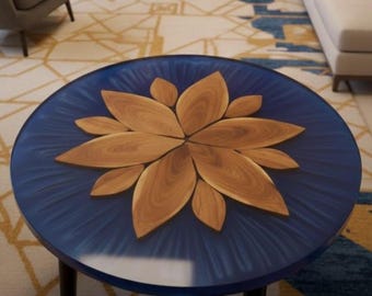Tavolino da caffè intarsiato a mano in noce con fiori / Resina epossidica blu