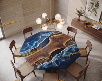 Live Edge Walnut Ocean Resin Dining Table, Beach Shoreline Wood Furniture