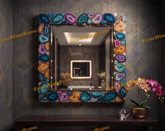 Luxury Multi Color Agate Mirror| Handmade Mirror | Natural Gemstone | Entryway Decor
