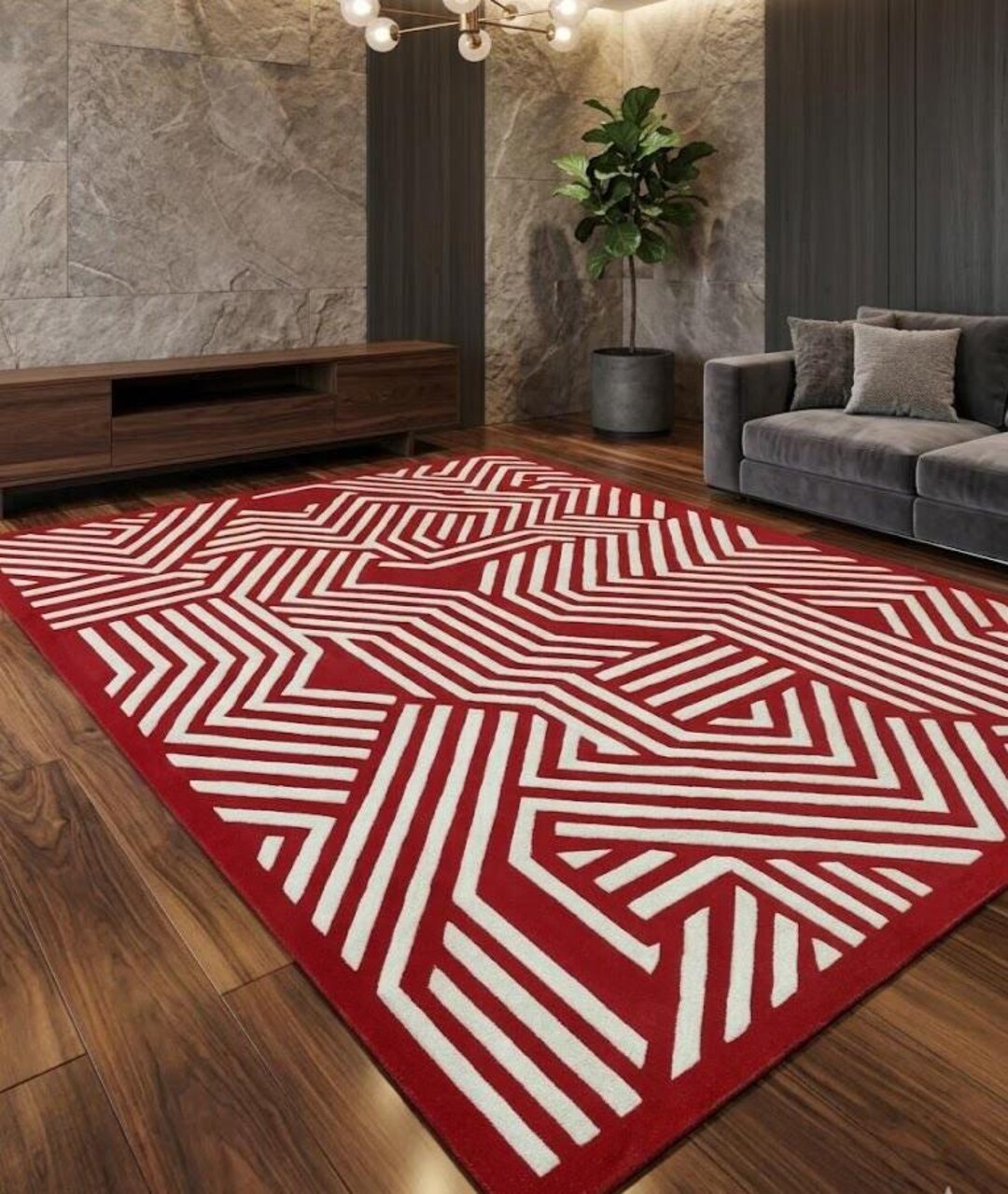 Red Cream Geometric Maze Rug – Hand Tufted Wool Carpet for Living Room ...