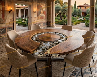 Round Epoxy River Dining Table with Pebbles, Live Edge Acacia Wood Round