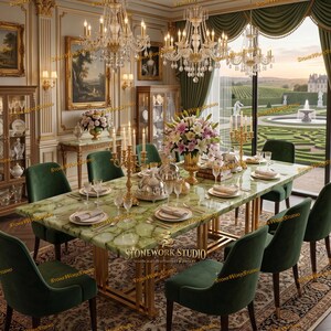 May include: A luxurious dining room featuring a green marble table with gold accents, surrounded by green velvet chairs. The room is adorned with chandeliers, artwork, and a view of a garden and castle.