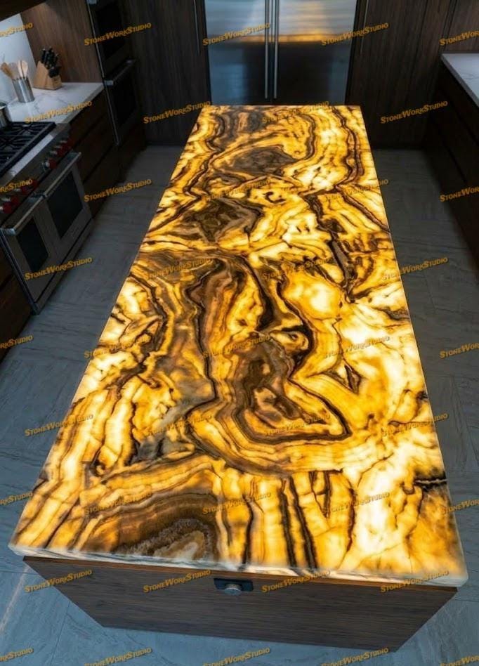 Luxury Honey Onyx Countertop – Backlit Translucent Stone Kitchen Island ...