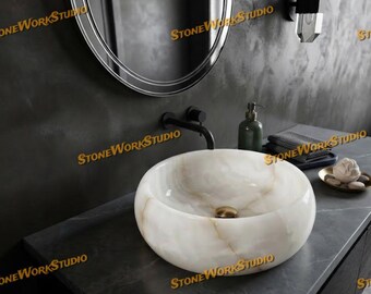 Handcrafted Round White Onyx Vessel Sink, Natural Stone Bathroom Basin