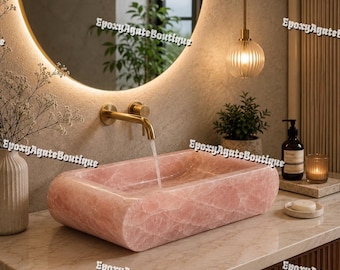 Handcrafted Rose Quartz Rectangular Vessel Sink, Natural Stone Bathroom Vanity Basin
