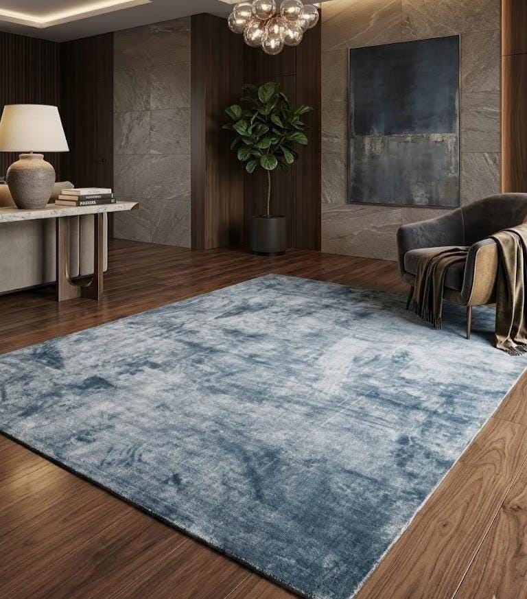 Modern Blue Distressed Wool Carpet – Abstract Hand Tufted Living Room ...