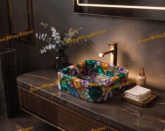 Handmade Multi Color Agate Vessel Sink, Natural Gemstone Bathroom Vanity Decor
