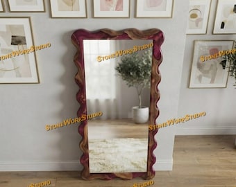 Walnut Epoxy Resin Full Length Mirror | Organic Wavy Live Edge Wood Statement Floor Mirror