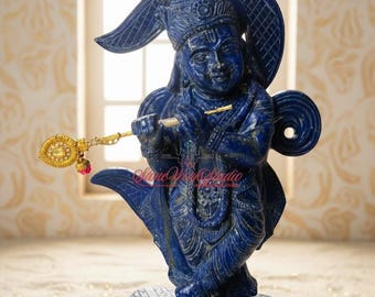 Lapis Lazuli Krishna Statue - 10" Gemstone Flute Idol, Spiritual Decor