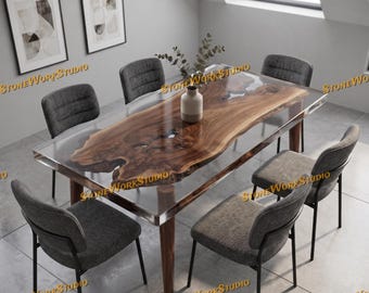 Live Edge Walnut Epoxy Dining Table | Clear Resin River Wood Top